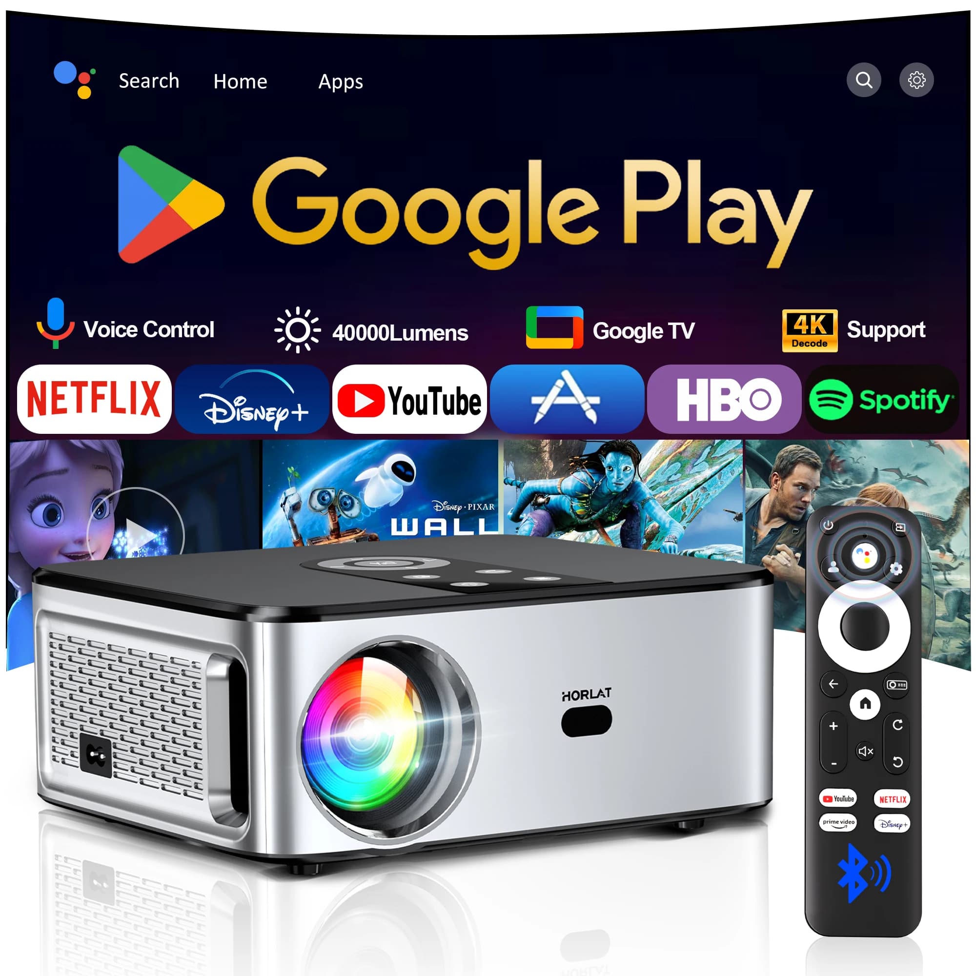 HORLAT Google TV Projector 2000ANSI Bluetooth Voice Control Auto Focus WiFi 6 4K