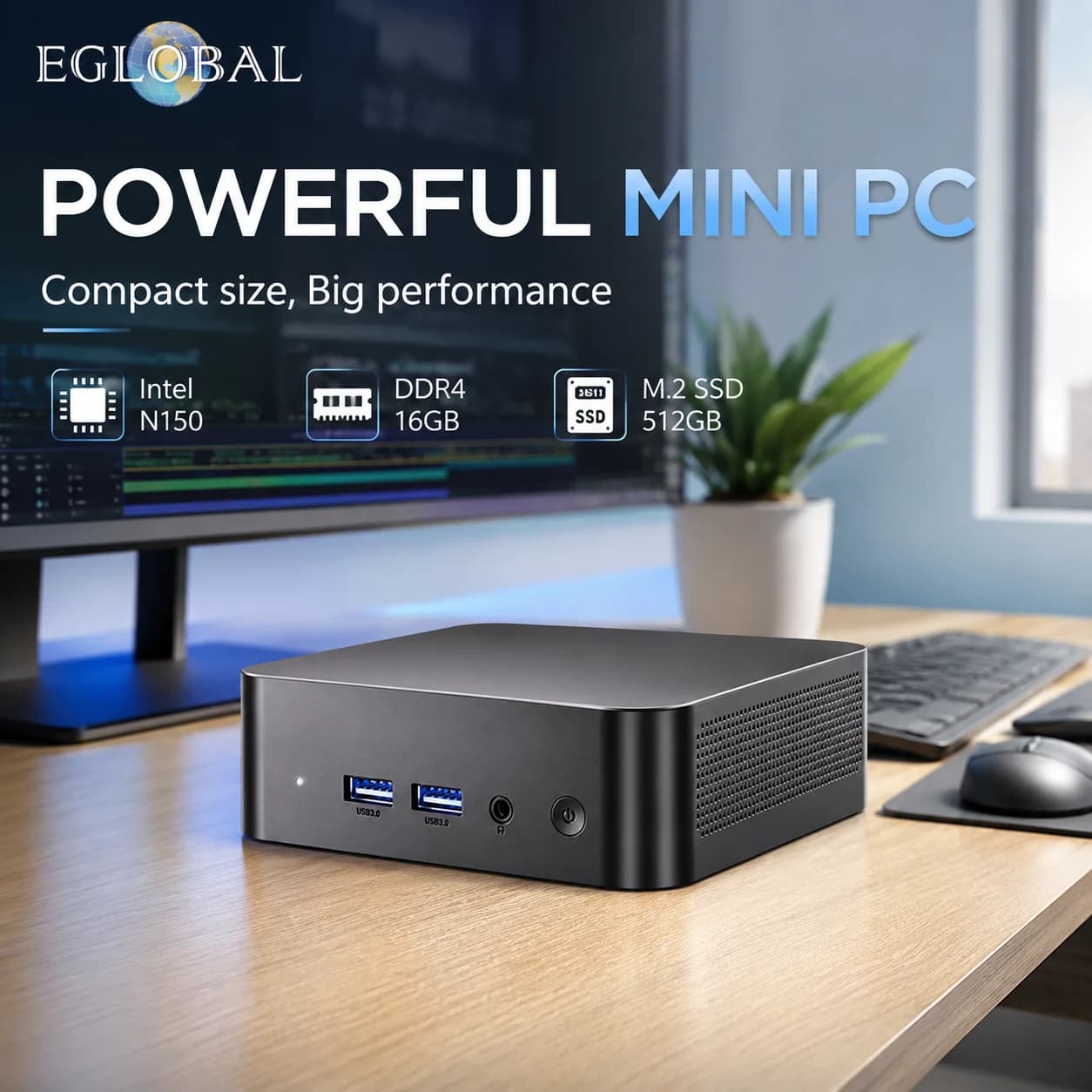 EGLOBAL Intel N150 Mini PC DDR4 Desktop Computer Dual HDMI M.2 SSD