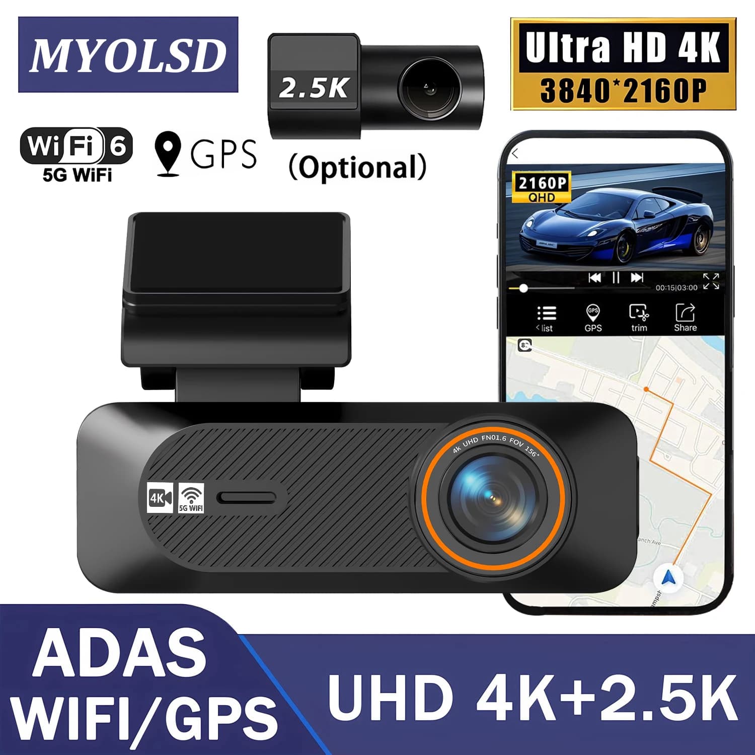 4K 2160P 2.5K 1440P ADAS Dual Lens Car Dash Cam WiFi Connect Front And