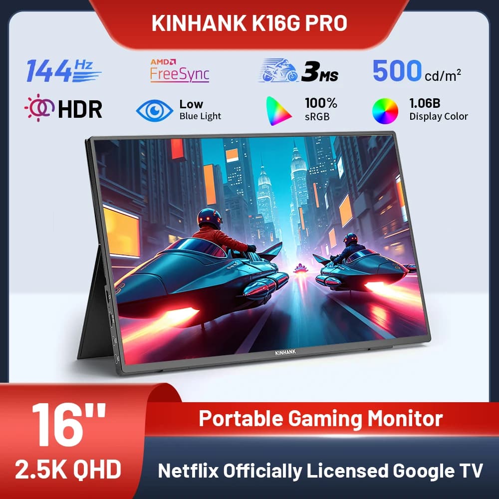 KINHANK 16-inch Monitor 2.5K HD 144HZ HDR10 Android 12.0 OS 7000 Apps