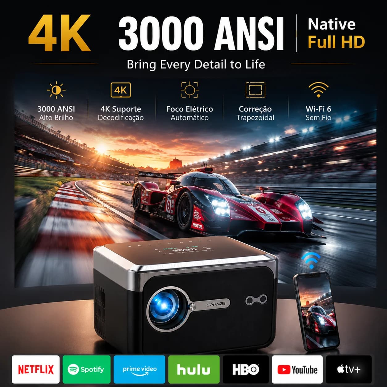 3000ANSI Android 4K Projector Auto Focus 2.4 5G Dual WiFi HI-FI