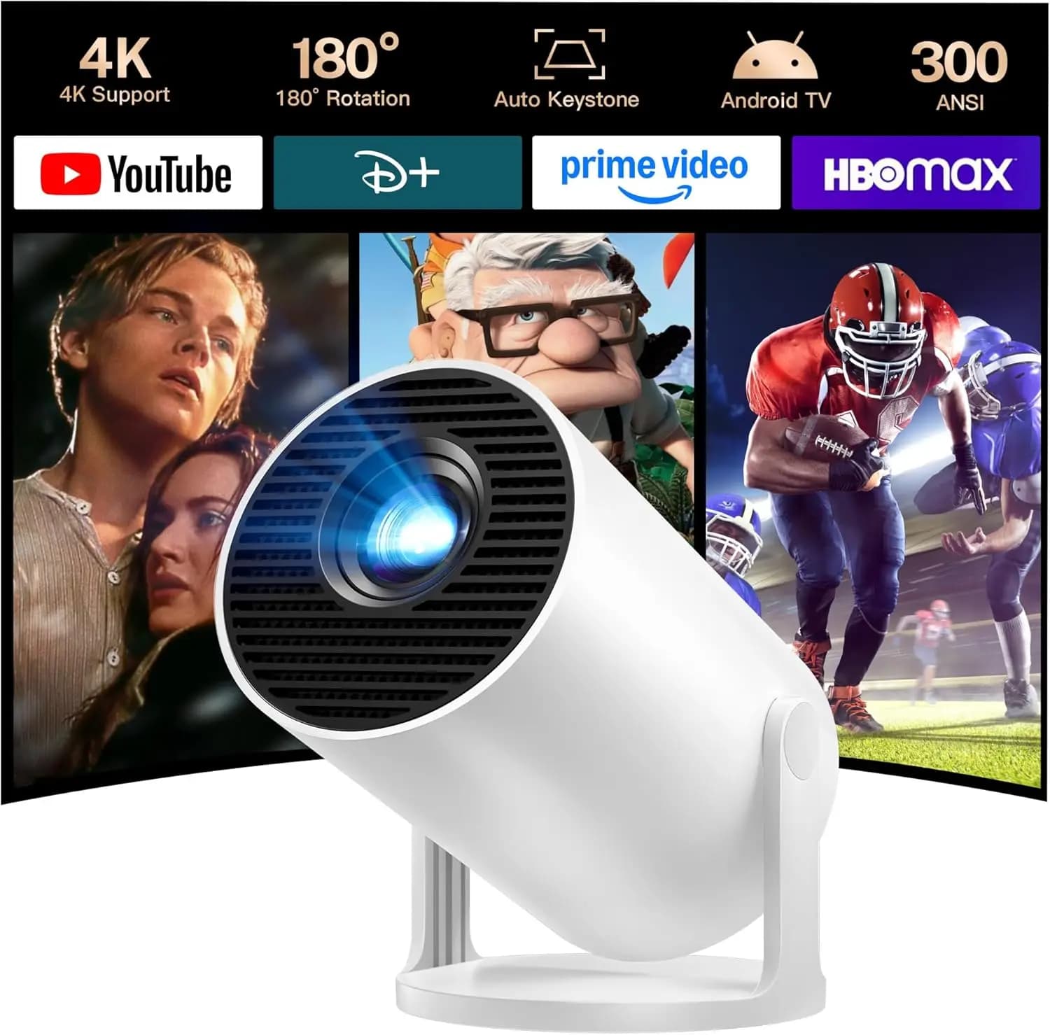 Mini Projector Android 14 OS 1080P WiFi 6 Bluetooth 5.4 Auto Keystone