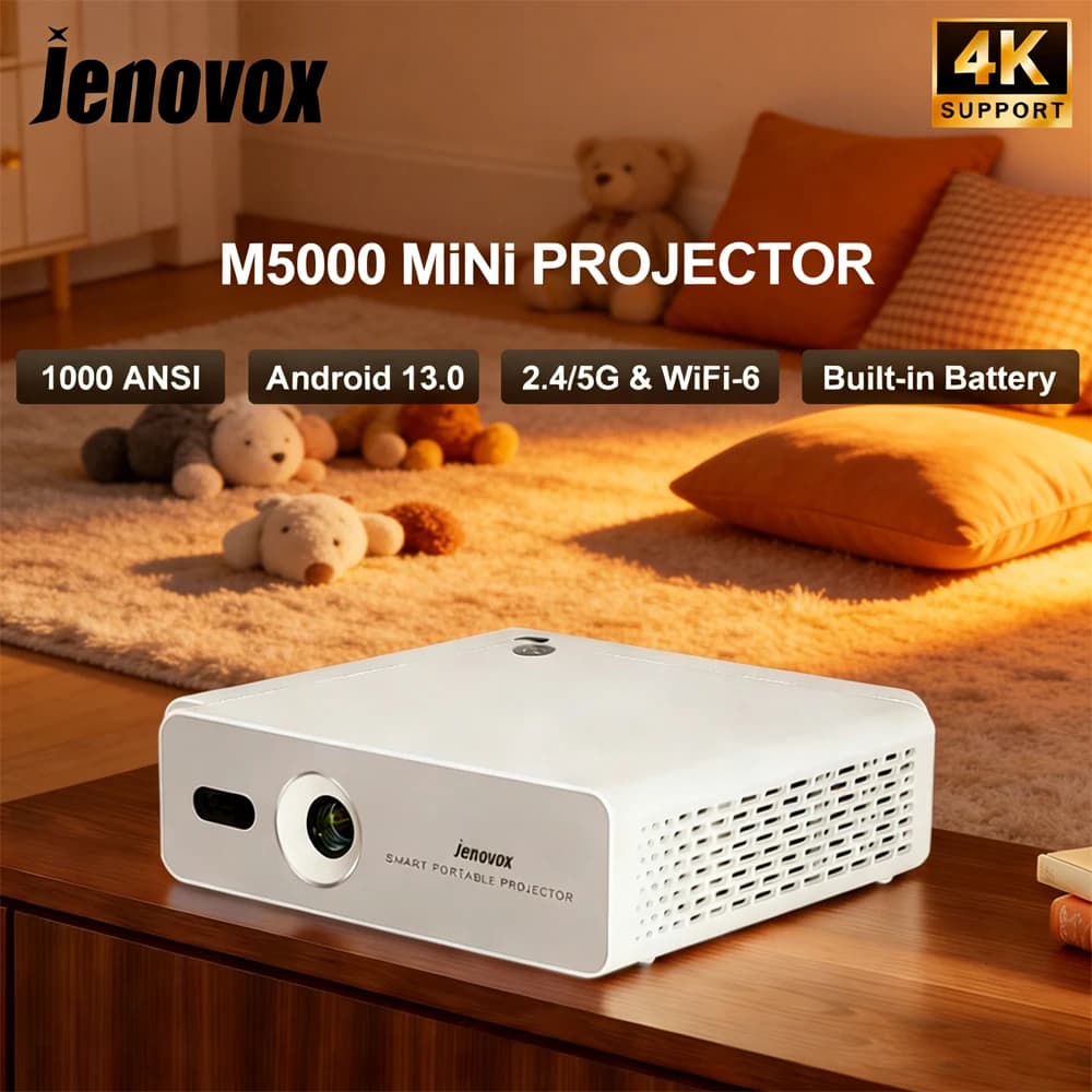 Jenovox M5000 Mini DLP Projector 4K Built-in Battery For Camping