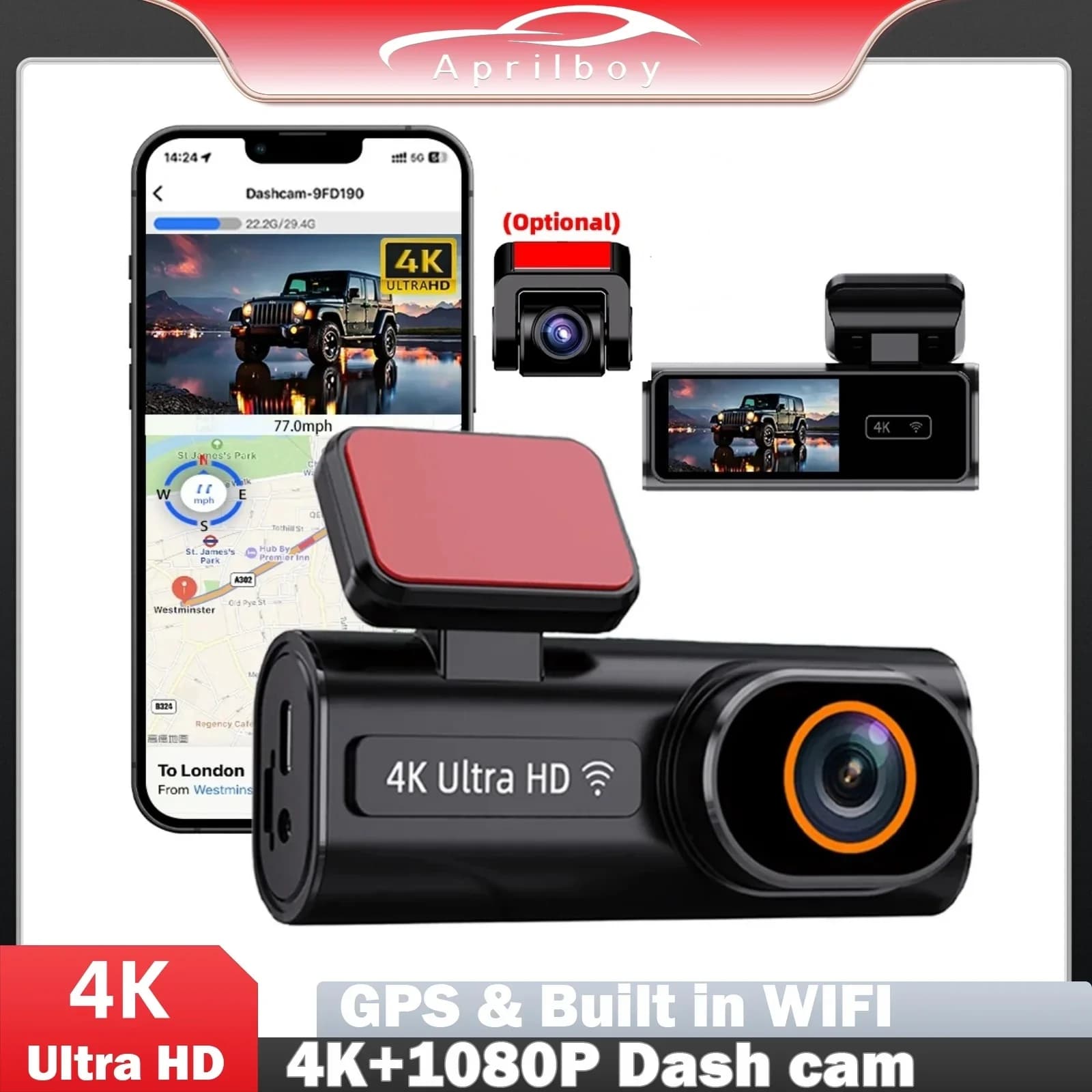 Aprilboy Dash Cam 4K UHD Car Camera Built-in 5.8Ghz WiFi APP Control Dual Lens Black Box Room Camera Super Night Vision