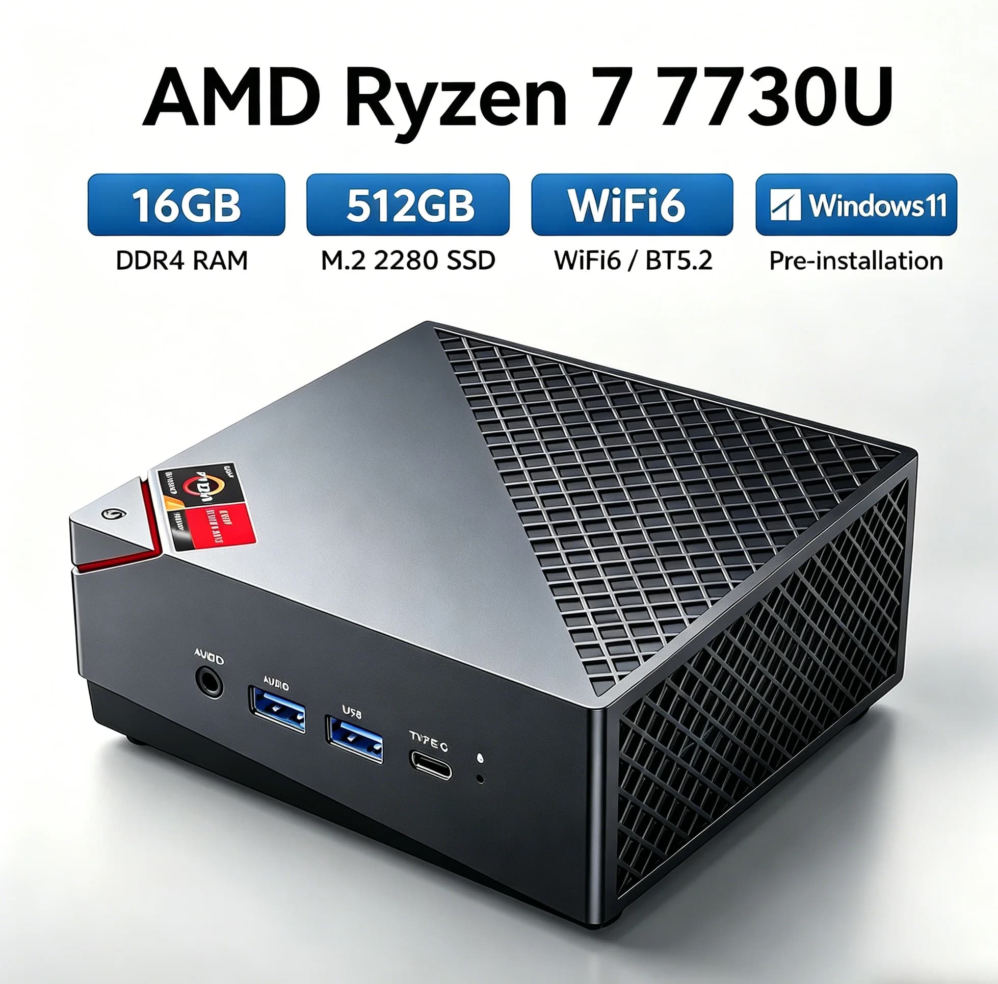 NIPOGI Mini PC, Ryzen 7 7730U 16GB DDR4 512GB SSD Mini Computers (8C/16T 4.5Ghz),4K Triple Display WiFi6 BT5.2 Gaming Office PC
