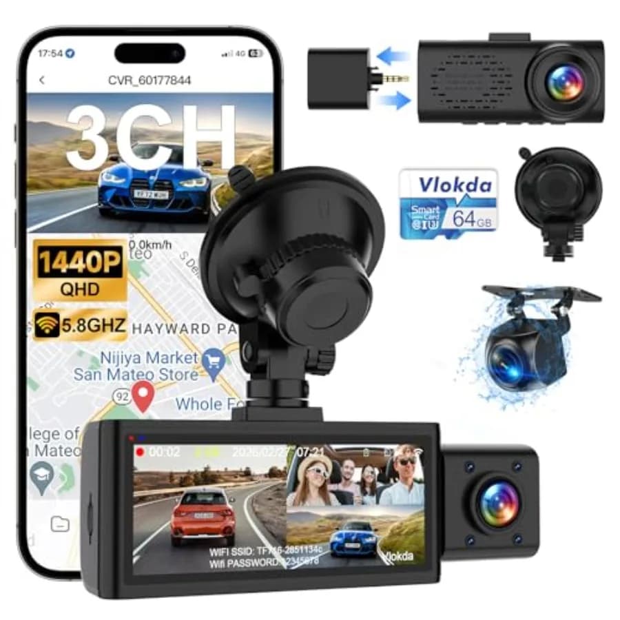 Uber Dash Cam For Cars 3-channel 2.5K Front 1080P Cabin Rear Black ABS Plastic 5GHZ WiFi