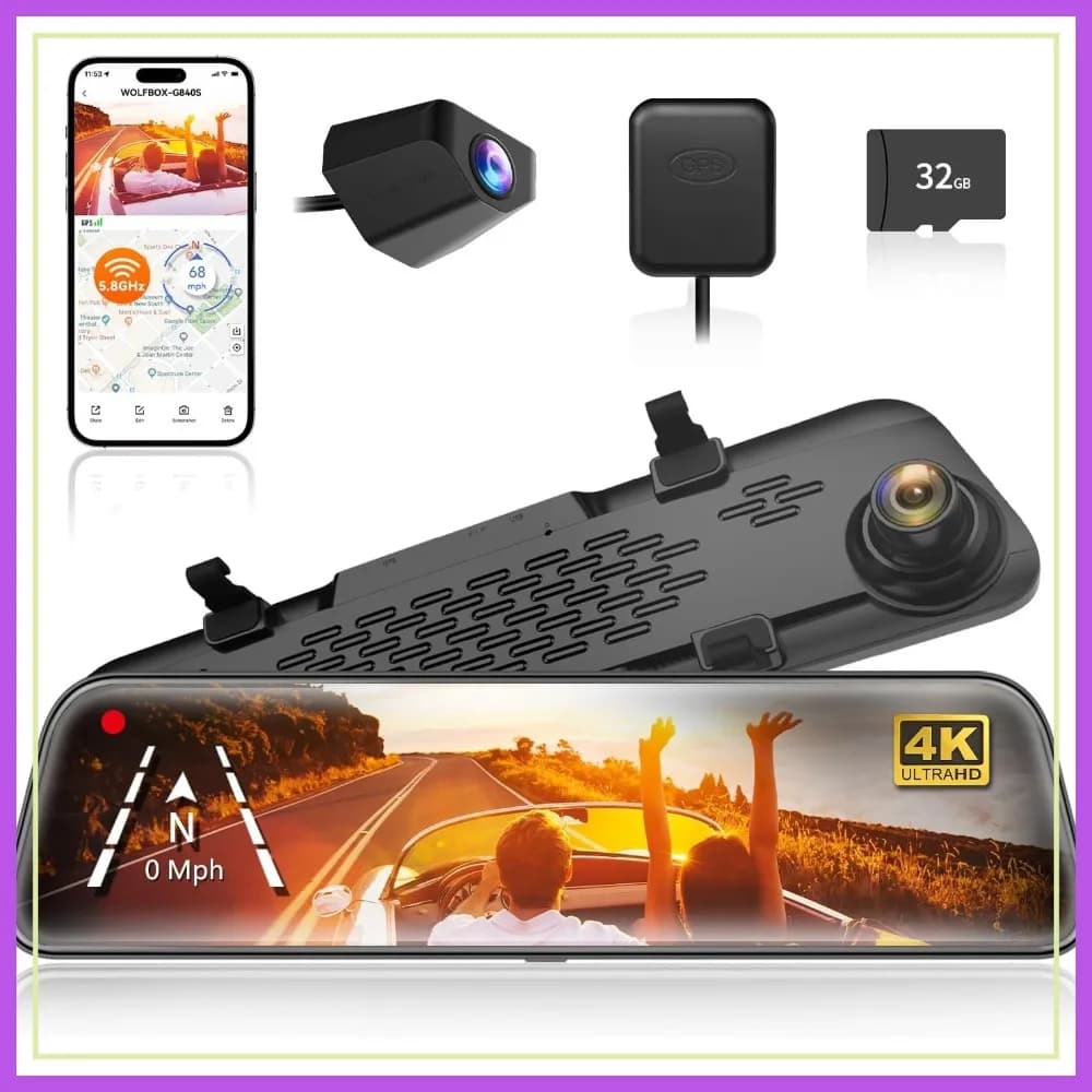 12" 4K Mirror Dash Cam Backup Camera 5.8GHz WiFi Rearview For Cars &