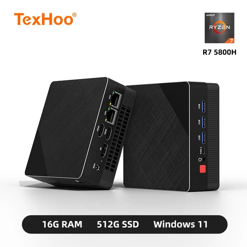 TexHoo Mini PC AMD R7  5800H  R3 4300U 16G DDR4  512G SSD WiFi 6 Bluetooth HDMI DP  Dual LAN Mini desktop computer