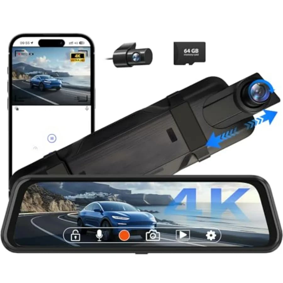 4K Rear View Mirror Camera 10 Dash Cam Front And 64GB Card Full Touch Screen 1080P