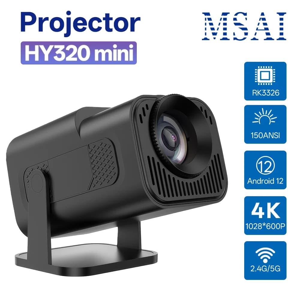 MSAI HY320 Mini 1080p HD Projector 4K 720P Android 12 Projector 150 ANSI WiFi6 BT5.0 40-120 Inches for Indoor Outdoor Home Use