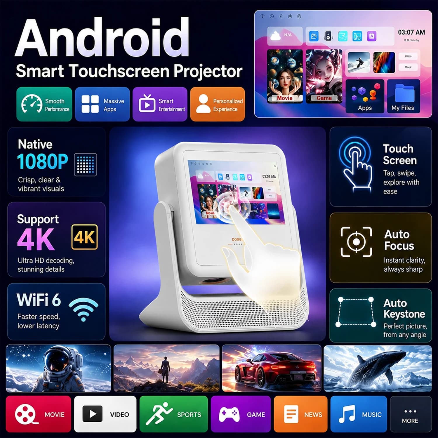 7' Touch Screen Mini Projector 4K Auto Focus 180° Rotation WiFi BT