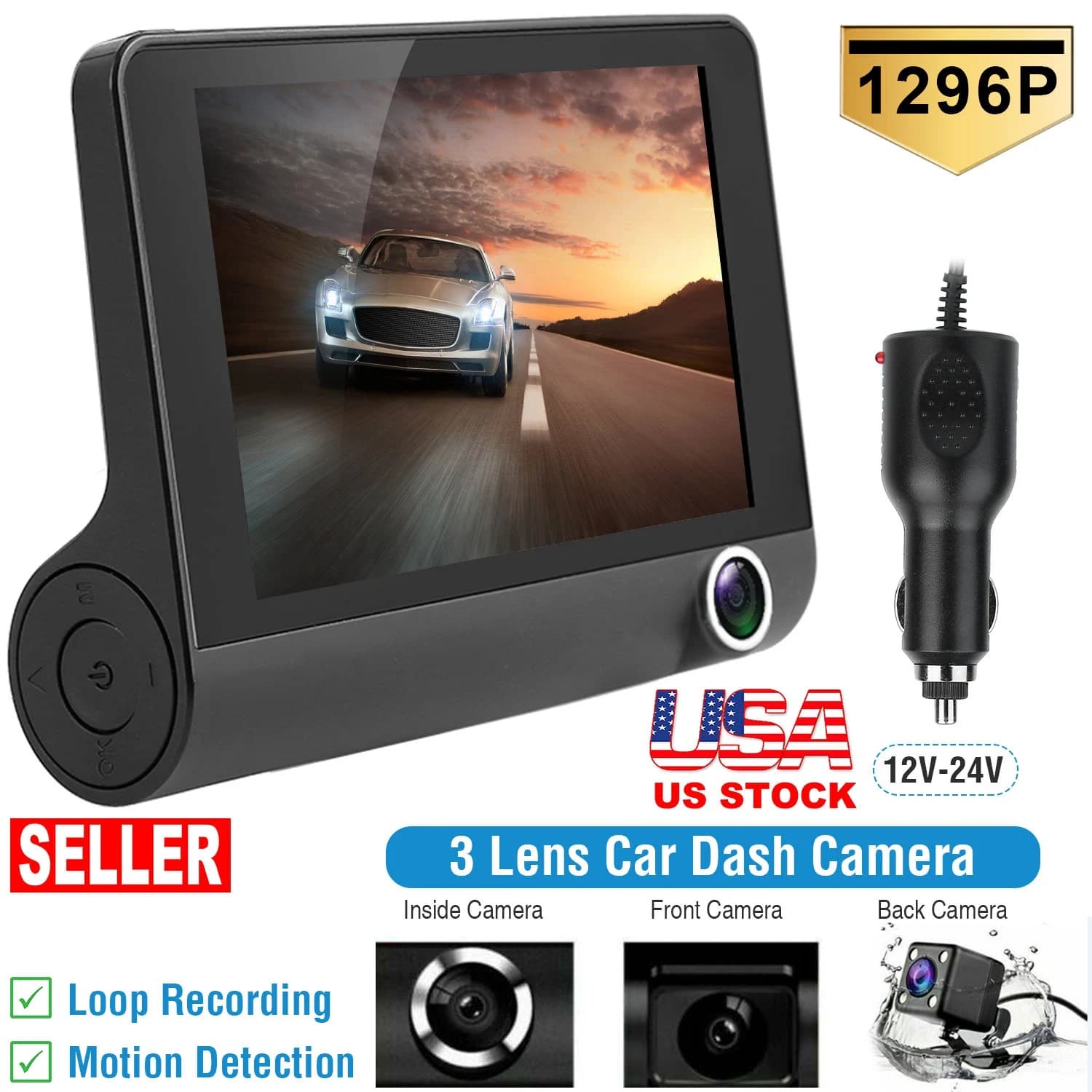 1296P Dash Cam 3 Lens Car Camera Front Inside Rear Triple Dashcam