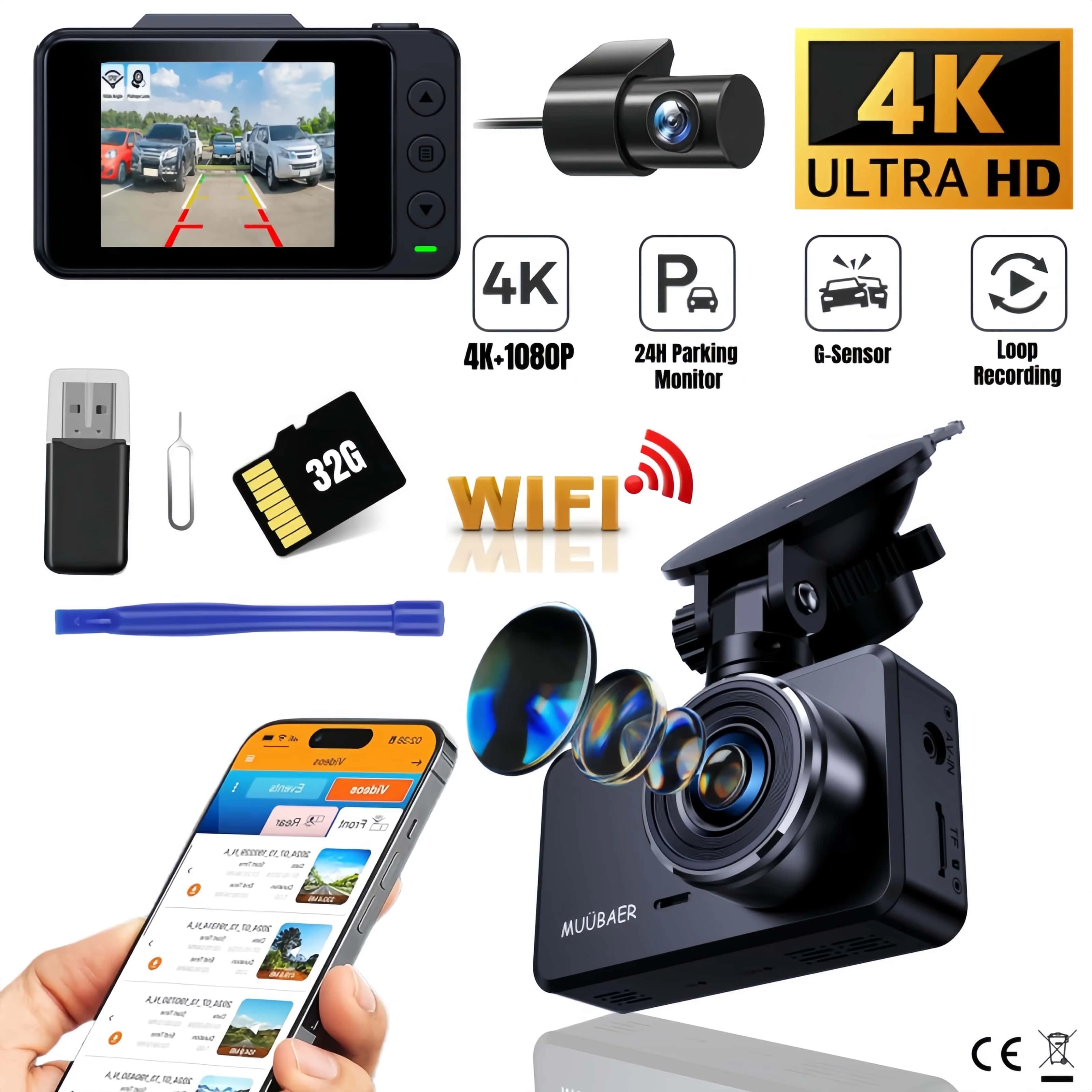 4K DUAL Dash Cam Front And Rear 32GB Card 2.4G WiFi App 2160P FHD Camera For Cars 2"IPS