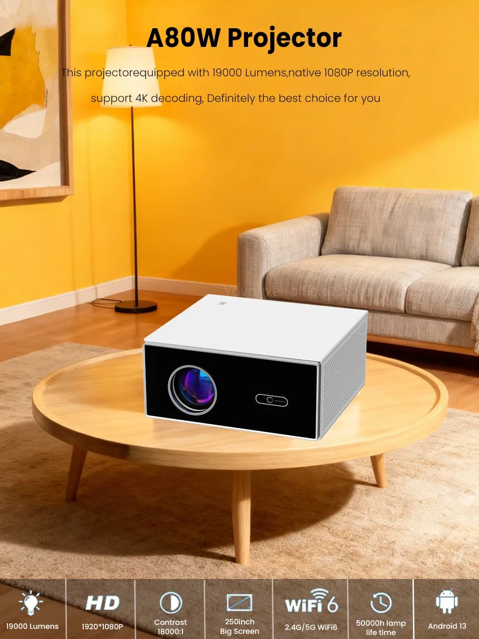 Yovanxer A80W Android 13 Projector 2G+32G Wi-Fi 6 1080P Native Beam Projector Support 4K/3D for Home Theater Outdoor Movies