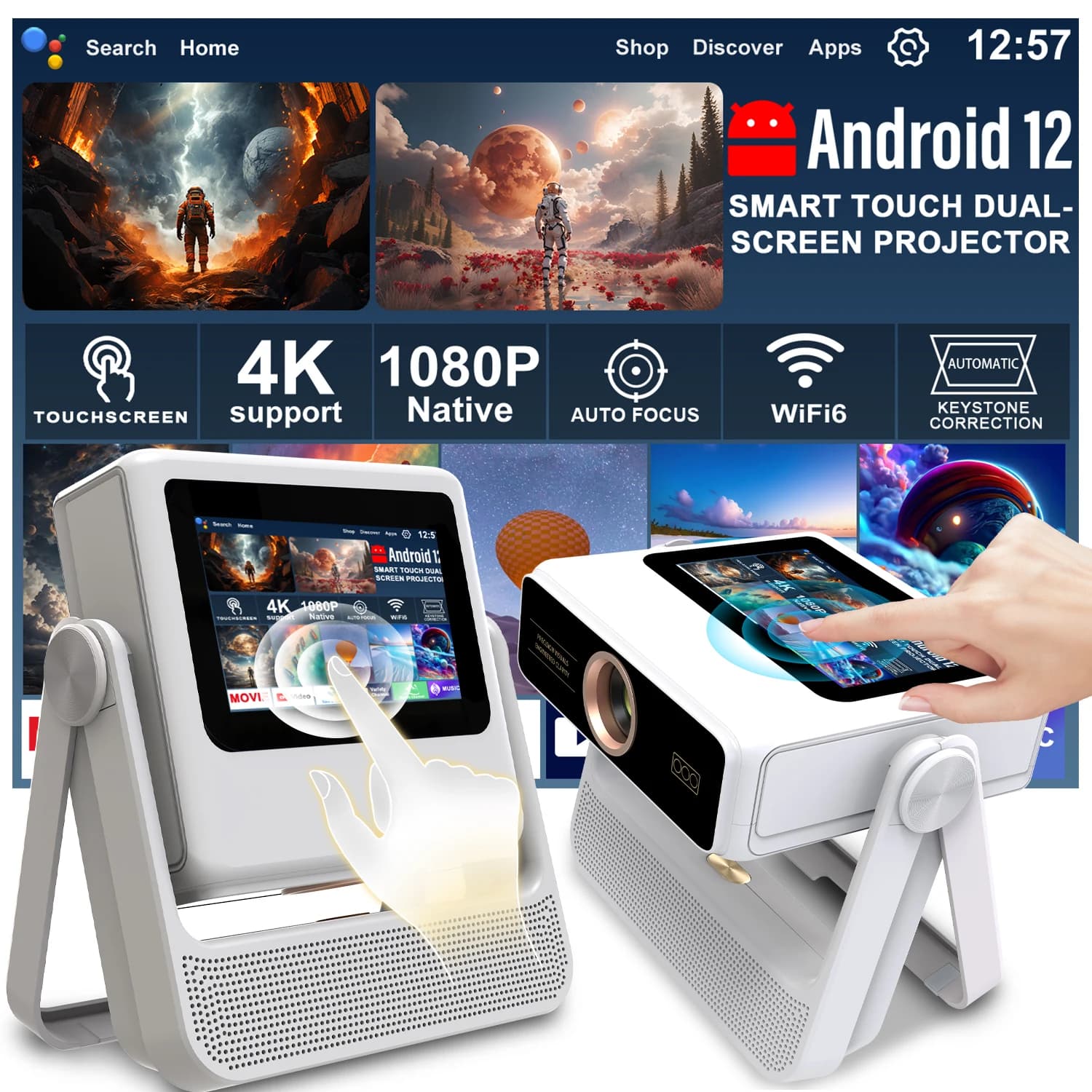 3 In 1 Projector Tablet Speaker 7" 1080P UHD Auto Keystone 180° Rotate WiFi