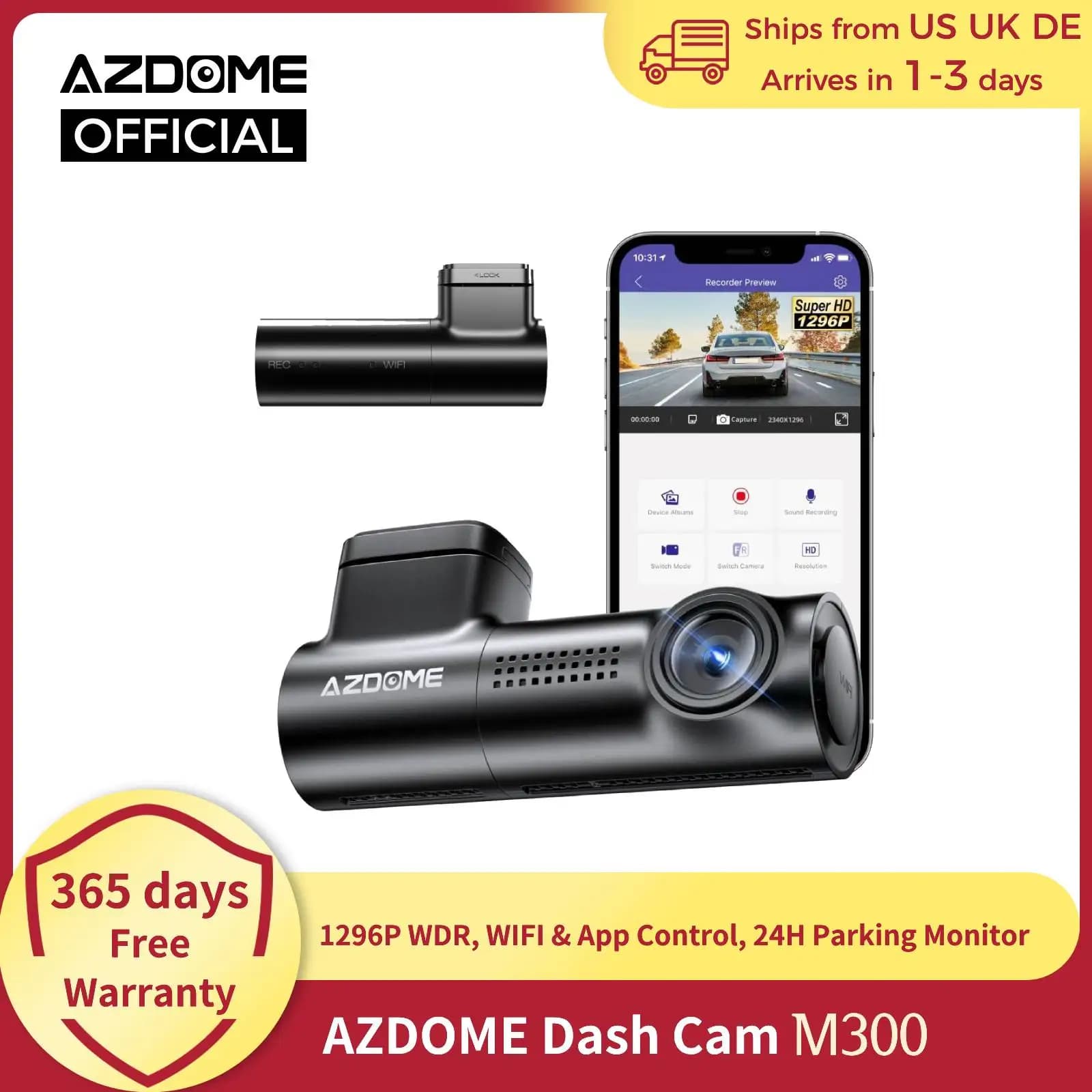 【Overseas Warehouse】AZDOME Dash Cam M300-335R 1296P Dash Camera for Cars Voice Control Car DVR WiFi Dashcams 24H Parking Monitor