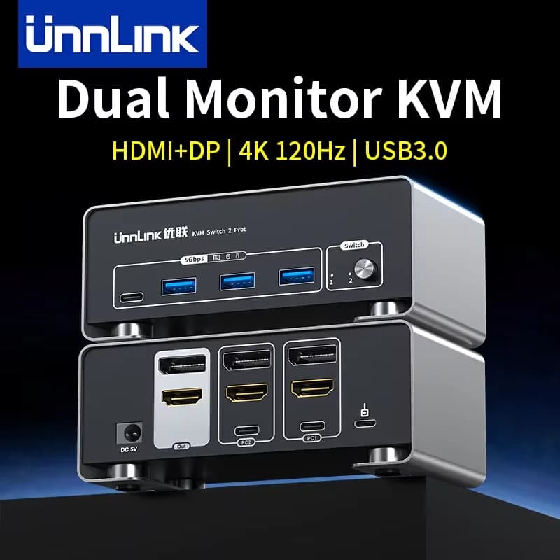 Unnlink 4K 120HZ HDMI DP Dual Monitor KVM Switch 2 Computer 8K 60HZ