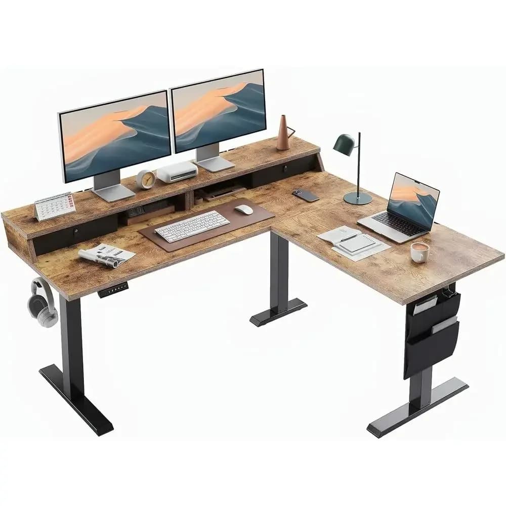 Vintage Brown L-shaped Electric Standing Desk 63 Adjustable Height