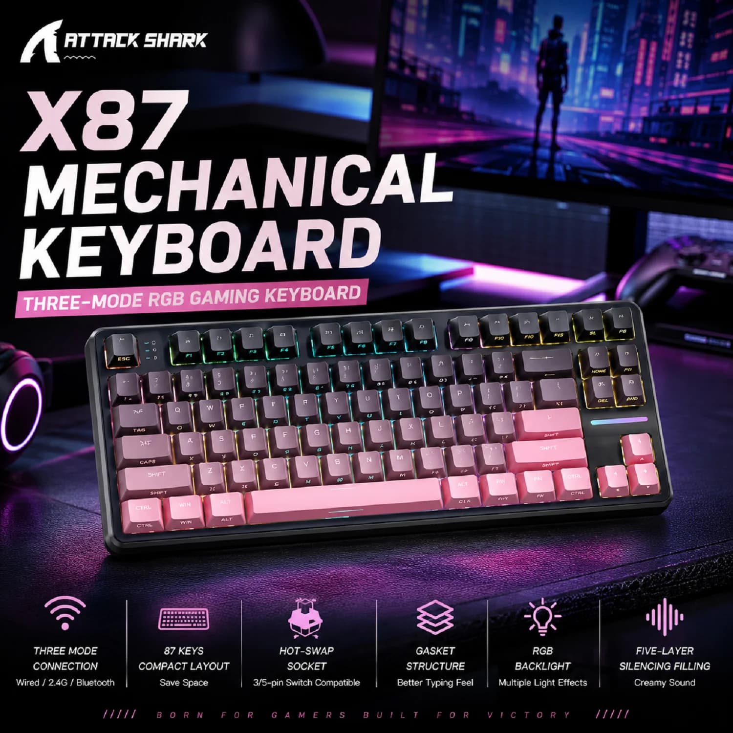 Attack Shark X87 Macro Drive Keyboard Bluetooth Side Engraved