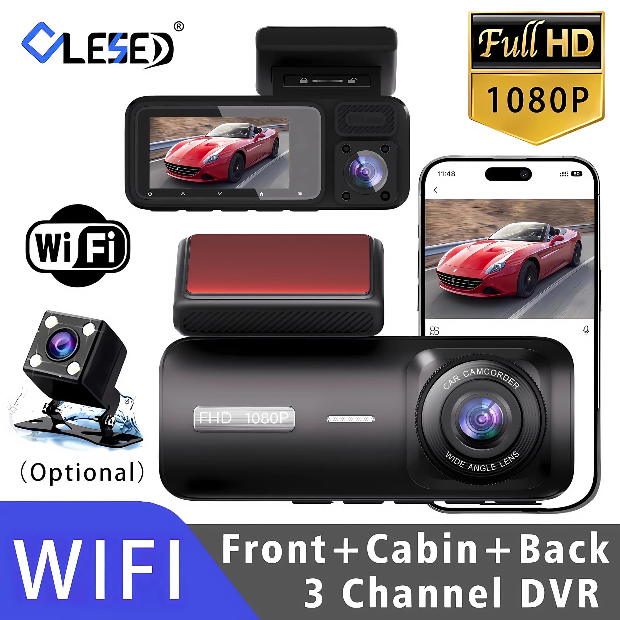 3 WiFi Car DVR Three Way Dash Cam Inside Vehicle Camera Dvrs Recorder FHD 1080P