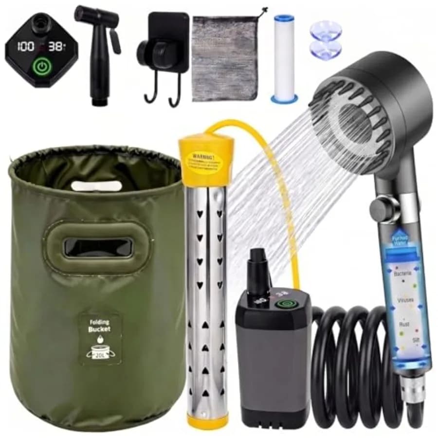 Camping Shower Heater 1500W Water 6000MAH Battery 5.3Gal Foldable