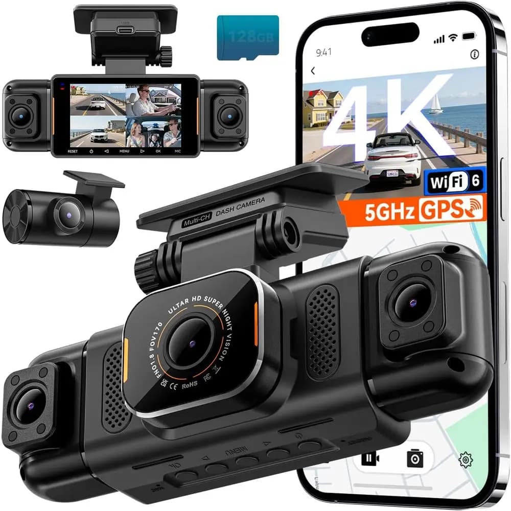 4K 4-Channel Dash Cam 360° Panoramic View 1080P Rear & Interior 5G WiFi