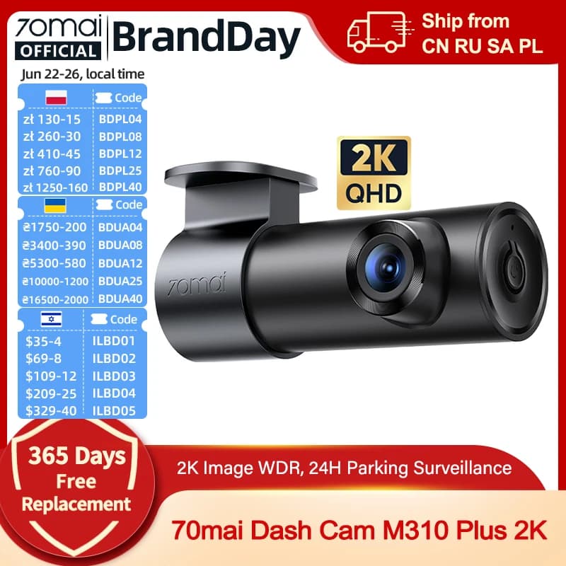 70MAI Dash Cam M310 Plus 2K 1440P 143°FOV F1.55 Voice Control 24H