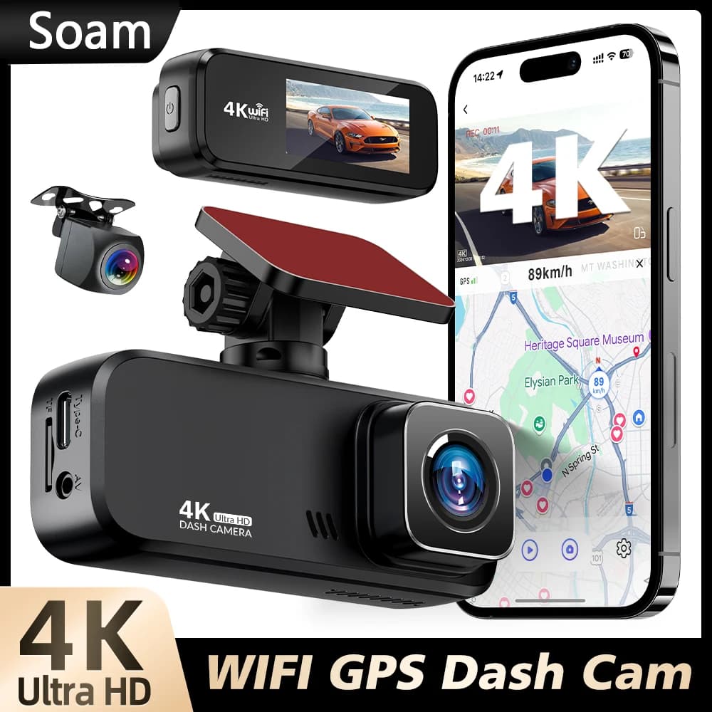 Soam Dash Cam Front And Rear 4K 1080P WiFi Car Camera App Control 24 7