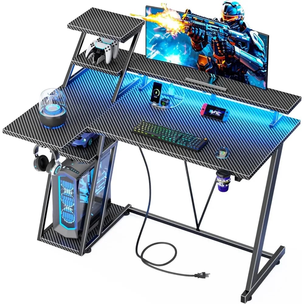 39 Inch Desk LED Lights & Power Outlet Small Computer Storage Shelves