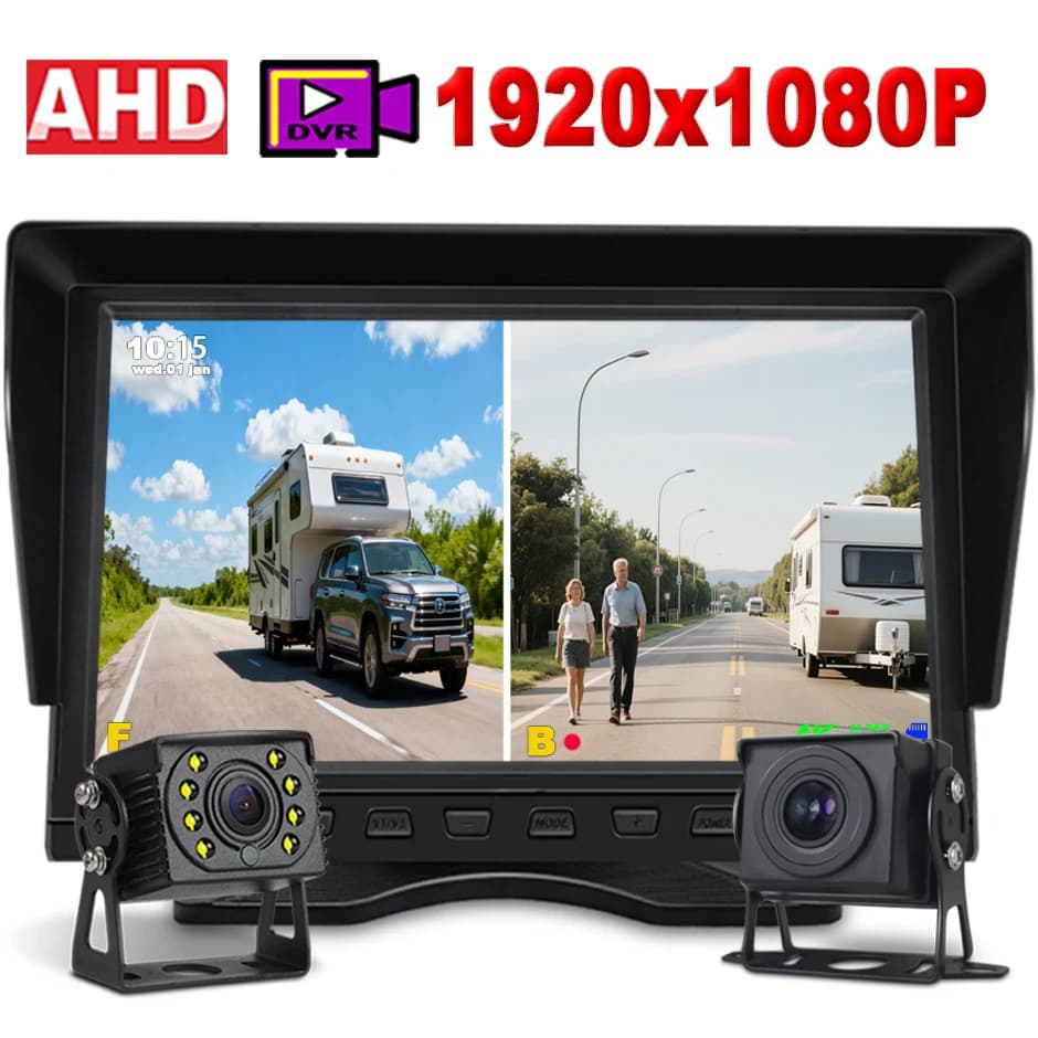 10.1" 2CH AHD DVR Monitor 1080P Vehicles Dual Backup ReverseCamera with Recording 12/24V for Truck RV Bus Front/Rear  Lorry