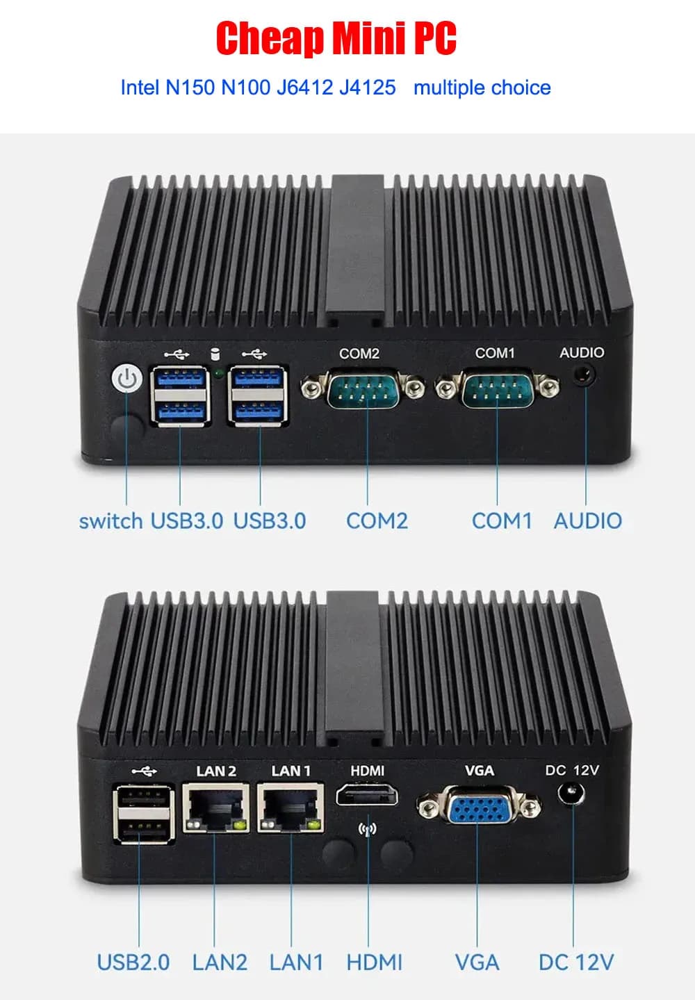 Intel Quad Core J6412 N5095 N100 Fanless Mini Computer Dual LAN VGA HD