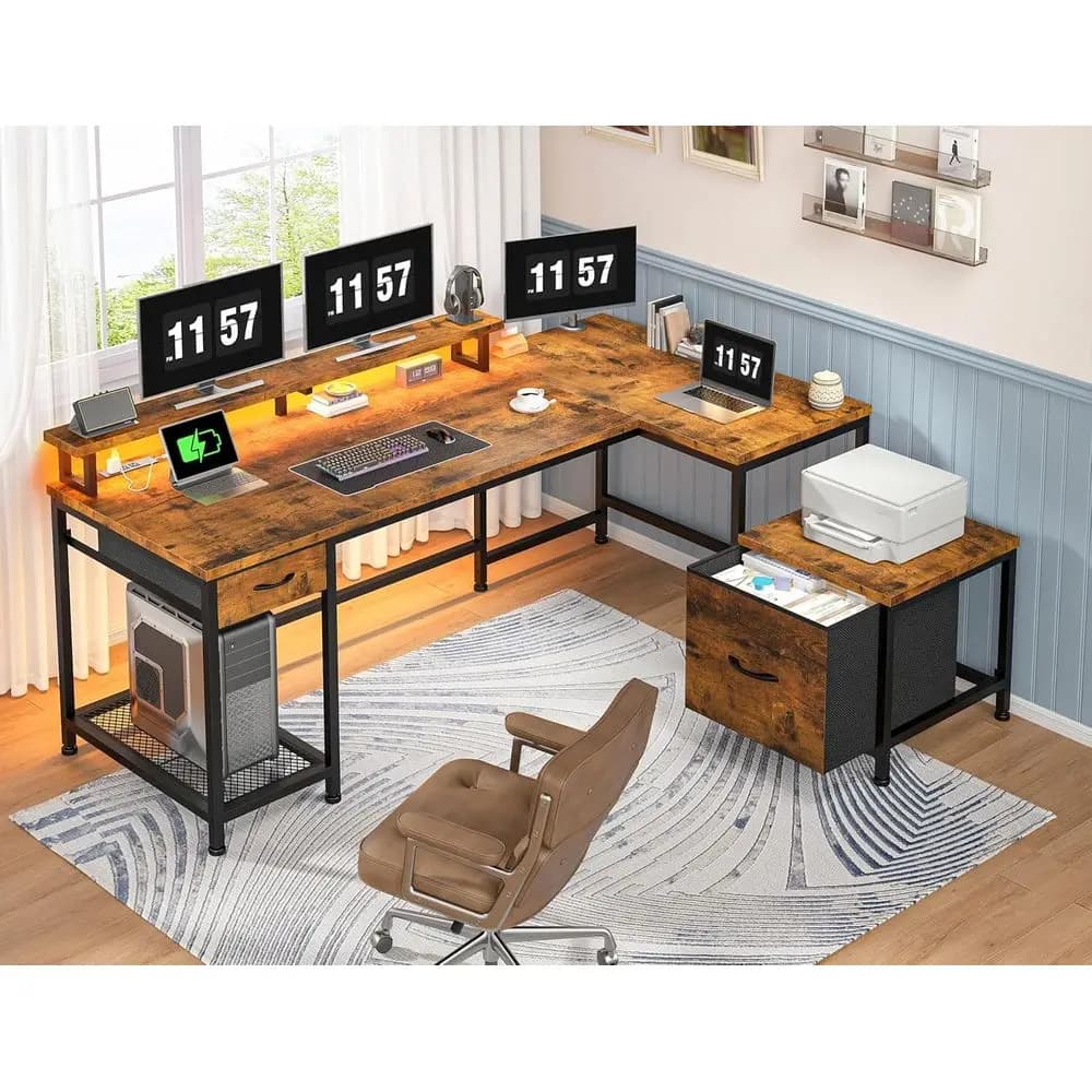 L-Shaped Gaming Desk with LED Lights, Power Outlets, Storage, and Monitor Shelf for Home Office or Study Room, Rustic Brown