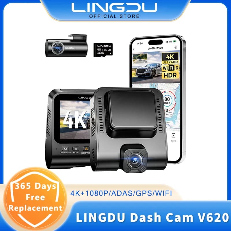 LINGDU ADAS Dash Cam V620 4K Front and Rear WiFi Car Camera GPS Motion Detection Parking Mode Upgraded Timeline Playback 1080P