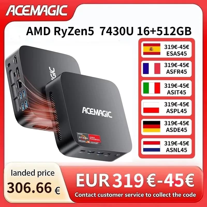 ACEMAGIC MINI PC AMD Ryzen 5 7 7730U 16GB LPDDR4X 512GB SSD Windows 11 PRO Computer WiFi