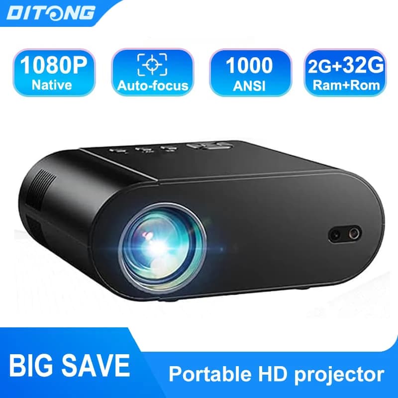 DITONG Projector 4K Android with Dual WiFi 6 and Bluetooth Auto Keystone Auto Focus Home Theatre HD Native 1080P Outdoor Movie