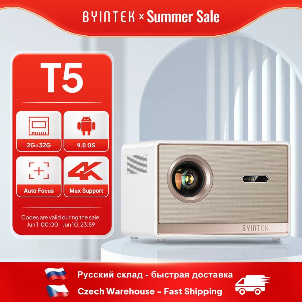 BYINTEK T5 Max Full HD 1080P Projector 4K 1000ANSI Android WiFi 6 Auto Focus ProfessionalBass Home Theater Projector for Video