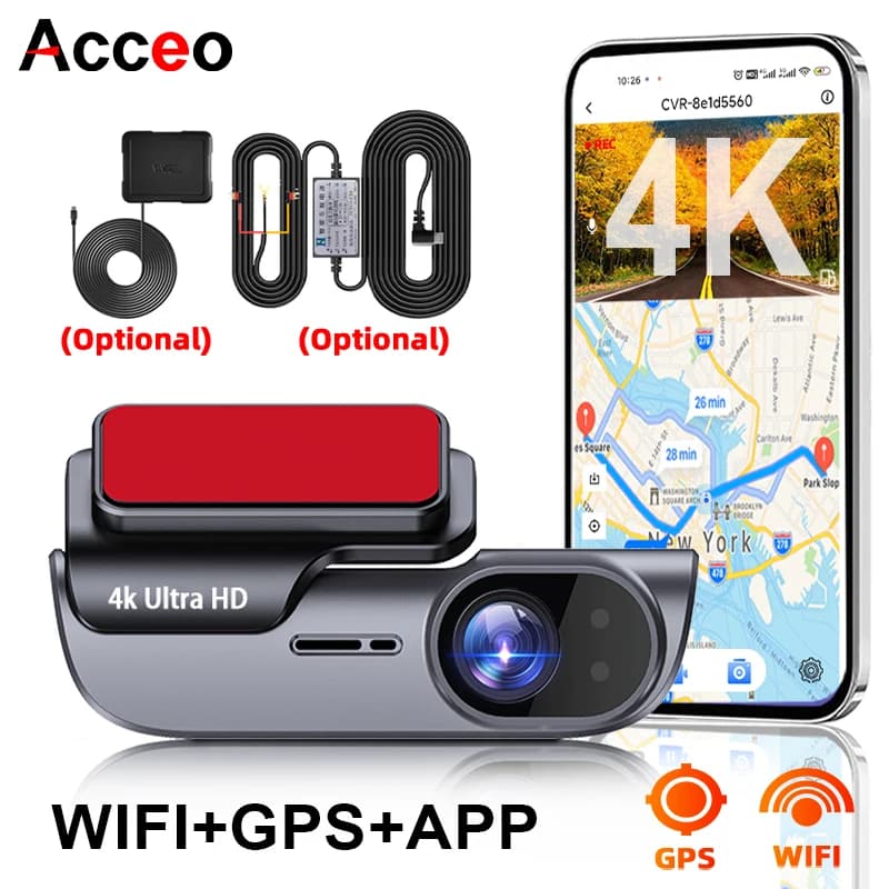 ACCEO 4K Car Dashcam Front Car DVR Dash Cam with Night Vision GPS WiFi 24H Parking Video Recorder Looping Auto Black Box