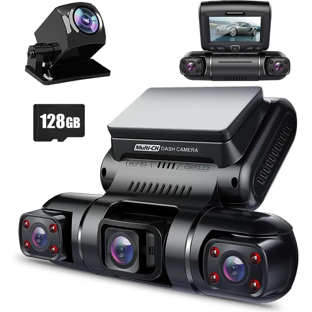 4-Channel Dash Cam with Front, Rear, and Interior Cameras, GPS, Night Vision, 24/7 Parking Monitor, 128GB Card