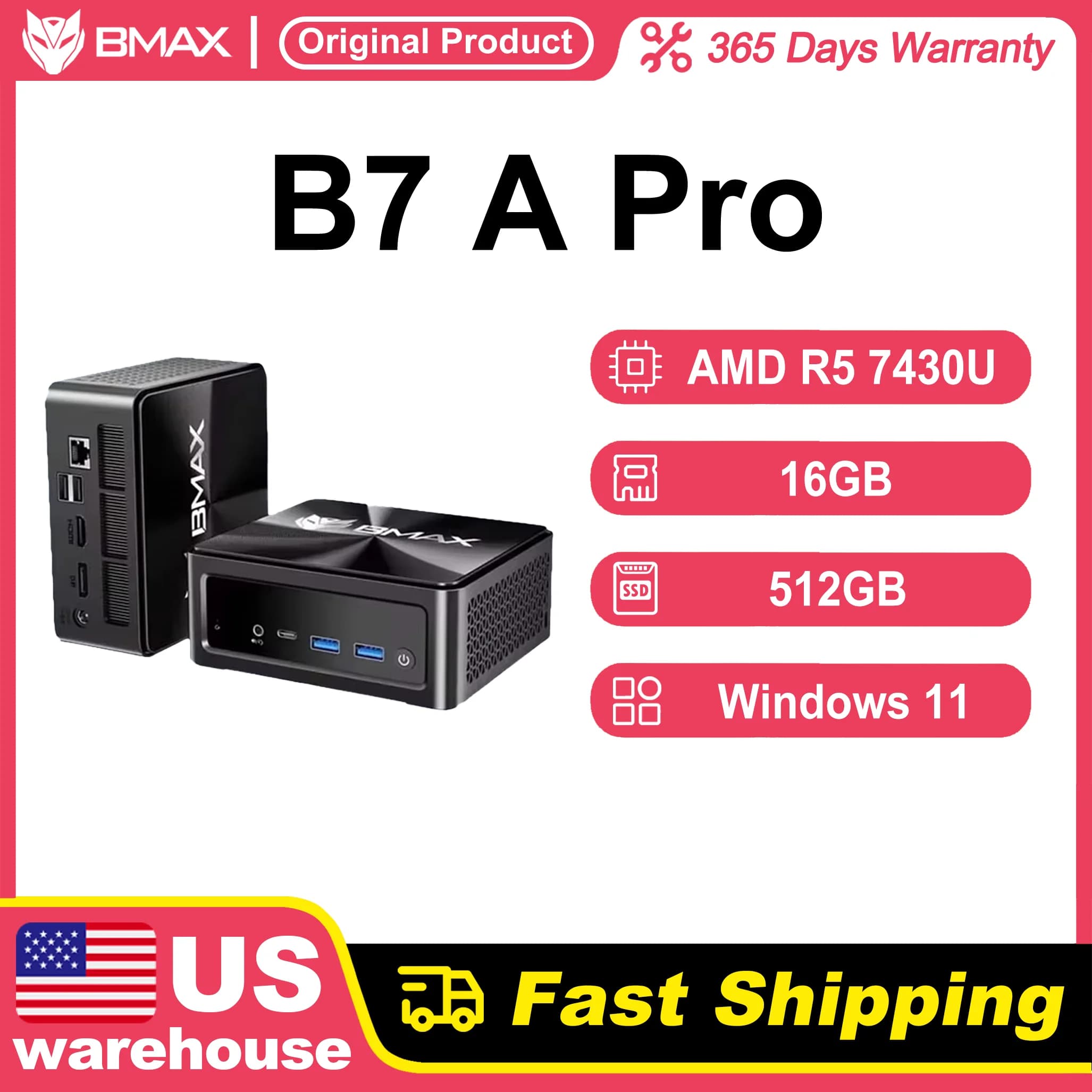 BMAX B7 A Pro Mini PC AMD Ryzen 5 7430U DDR4 16GB RAM 512GB ROM AMD Radeon Graphics Windows 11 WiFi 6 USB HDMI Type-C 4K@60Hz