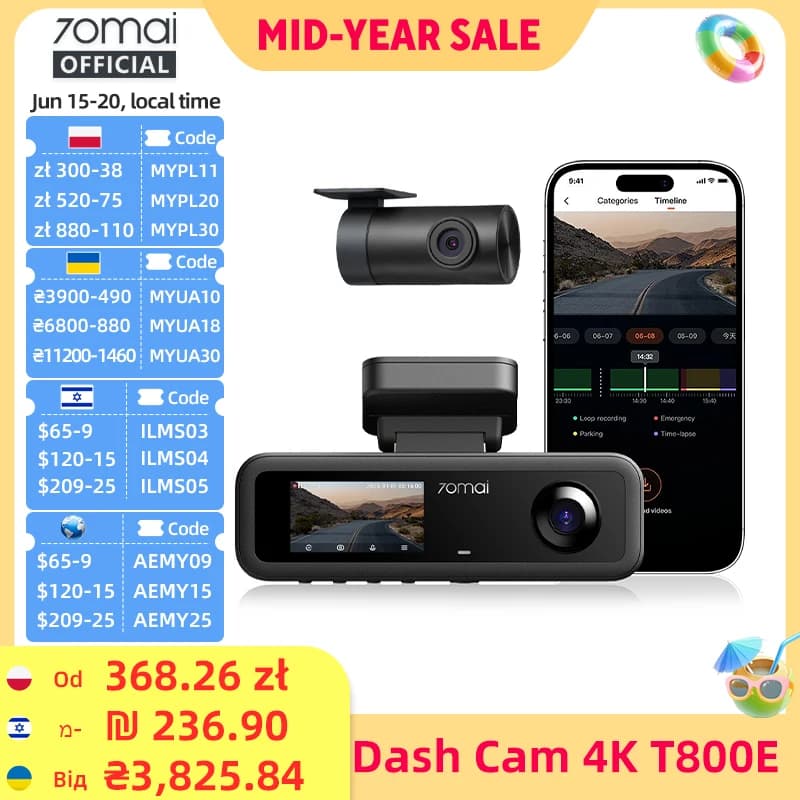 70MAI 3-Channel Dash Cam T800E 4K HDR F1.55 Aperture Supercapacitor