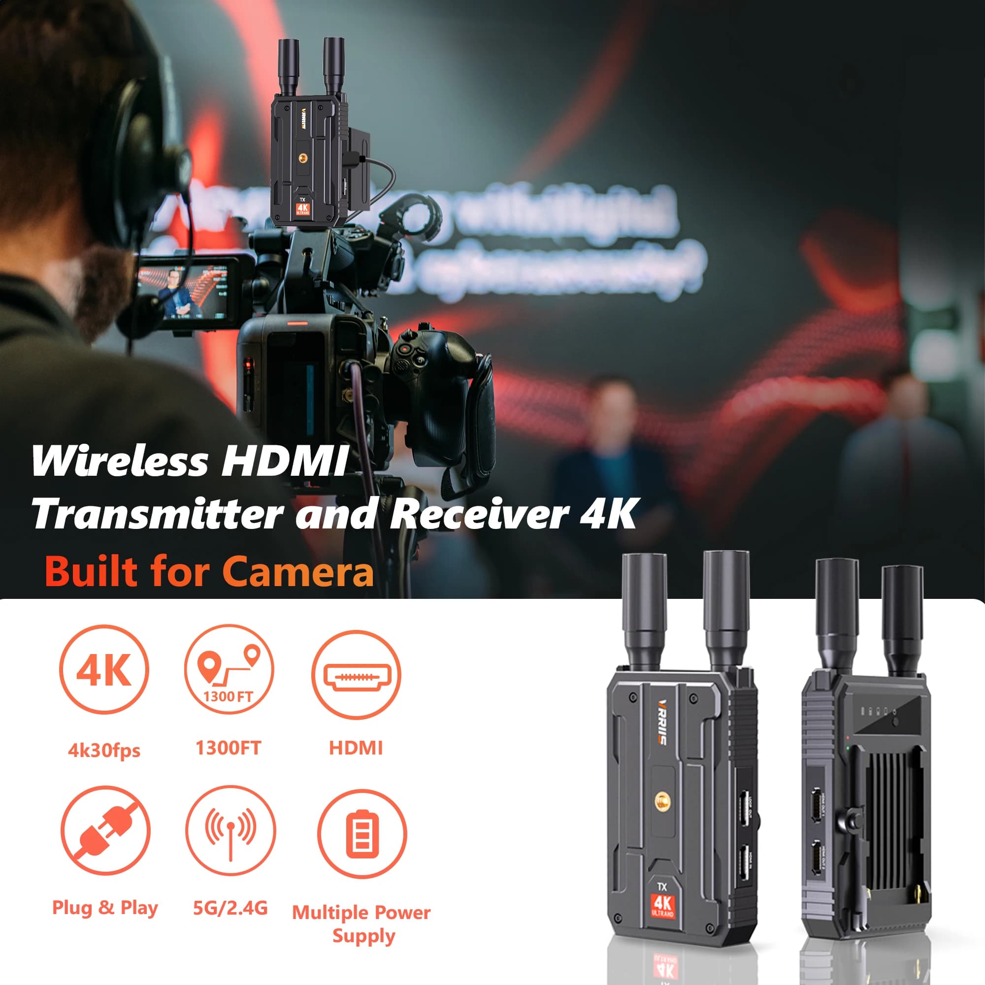 4K Wireless Hdmi Video Transmitter Receiver 400m Extender Kit Support 1Tx to 4Rxs for DSLR Camera Laptop to TV Projector Monitor