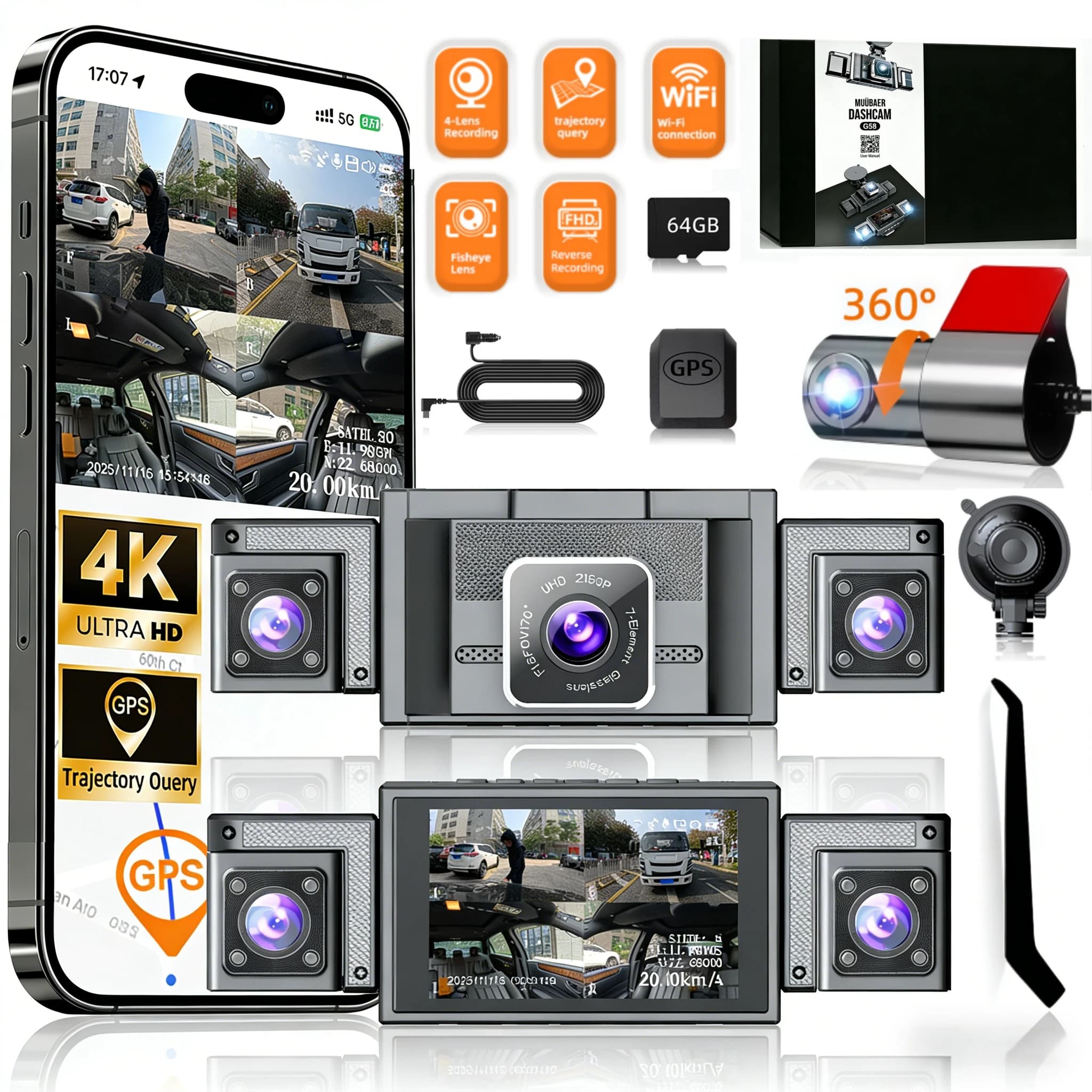 360° Dash Cam Front and Rear Inside, 4 Channel Dash Camera for Cars FHD 1080Px4, Built-in Wi-Fi, 3''IPS Screen, WDR Night Vision, External GPS, Free 64GB Card, 24H Parking Mode