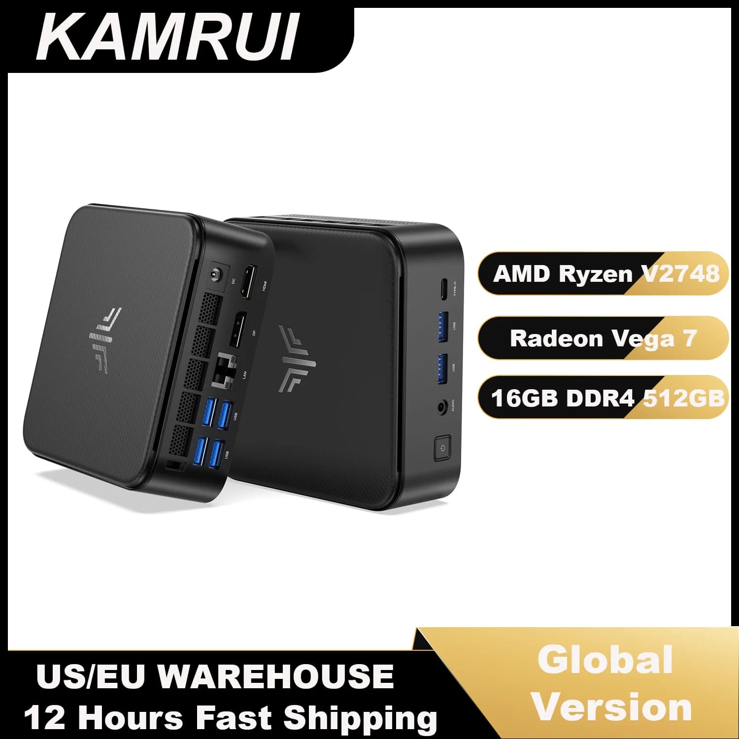 KAMRUI Mini PC AMD Ryzen V2748 Up To 4.3GHz 16GB DDR4 512GB SSD Radeon Vega 7 Graphics 4K