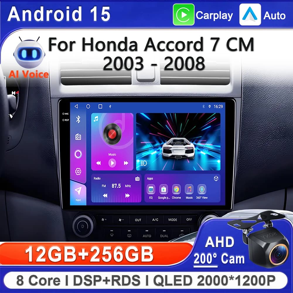 Android 16 2K Incell Screen For Honda Accord 7 2002 - 2008 Stereo Head Unit GPS Navigation High-performance CPU DVD Dash Cam