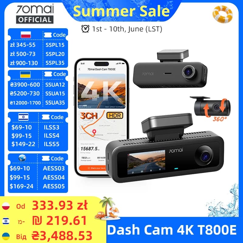 70MAI 4K T800E 3-Channel Dash Cam Front Rear Interior 3-in-1 Voice