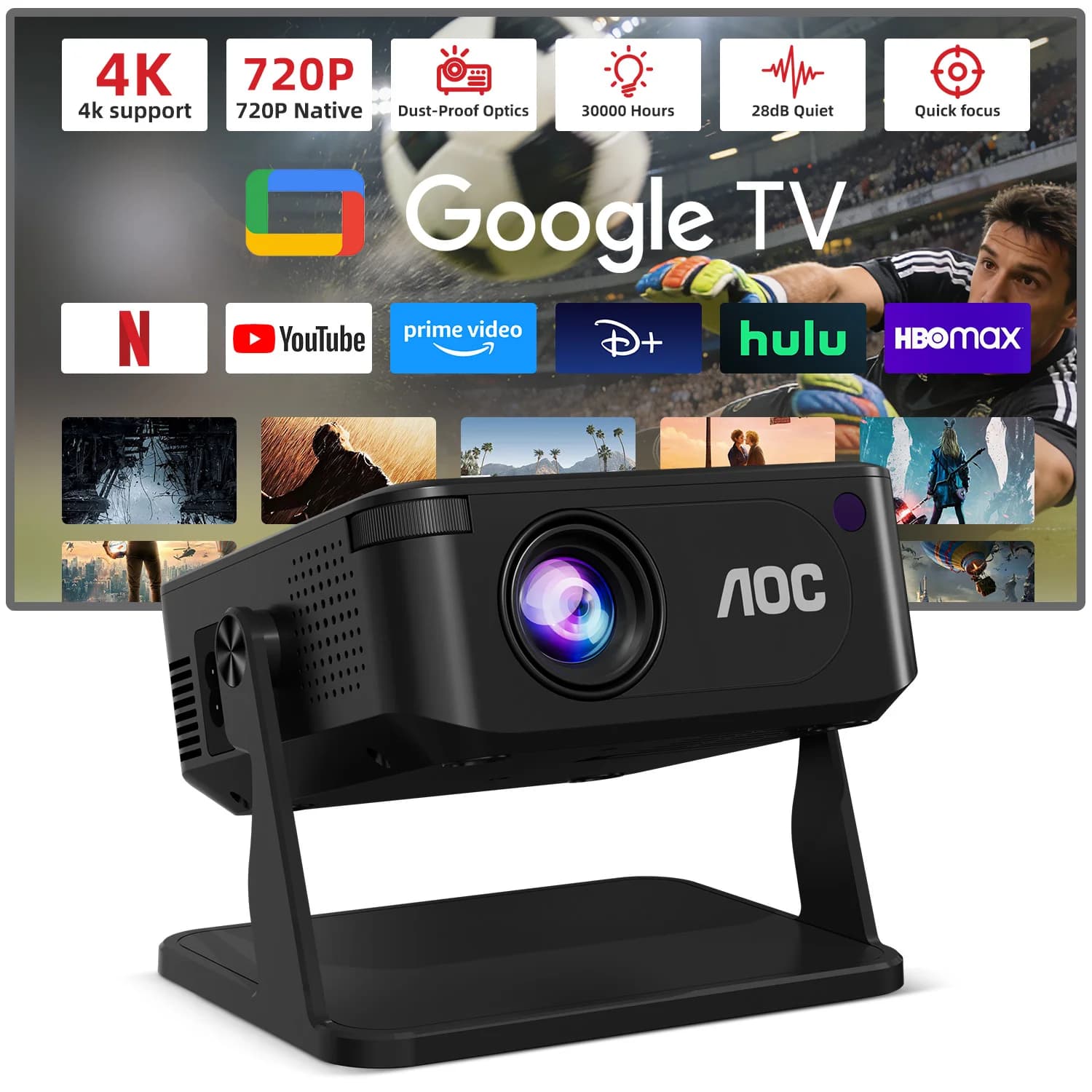 AOC HA109 Projector 300 ANSI 720P Android11 WiFi6 BT5.0 Built-in App Smart Phone 1080P 4K Video Home Cinema Mini Projector
