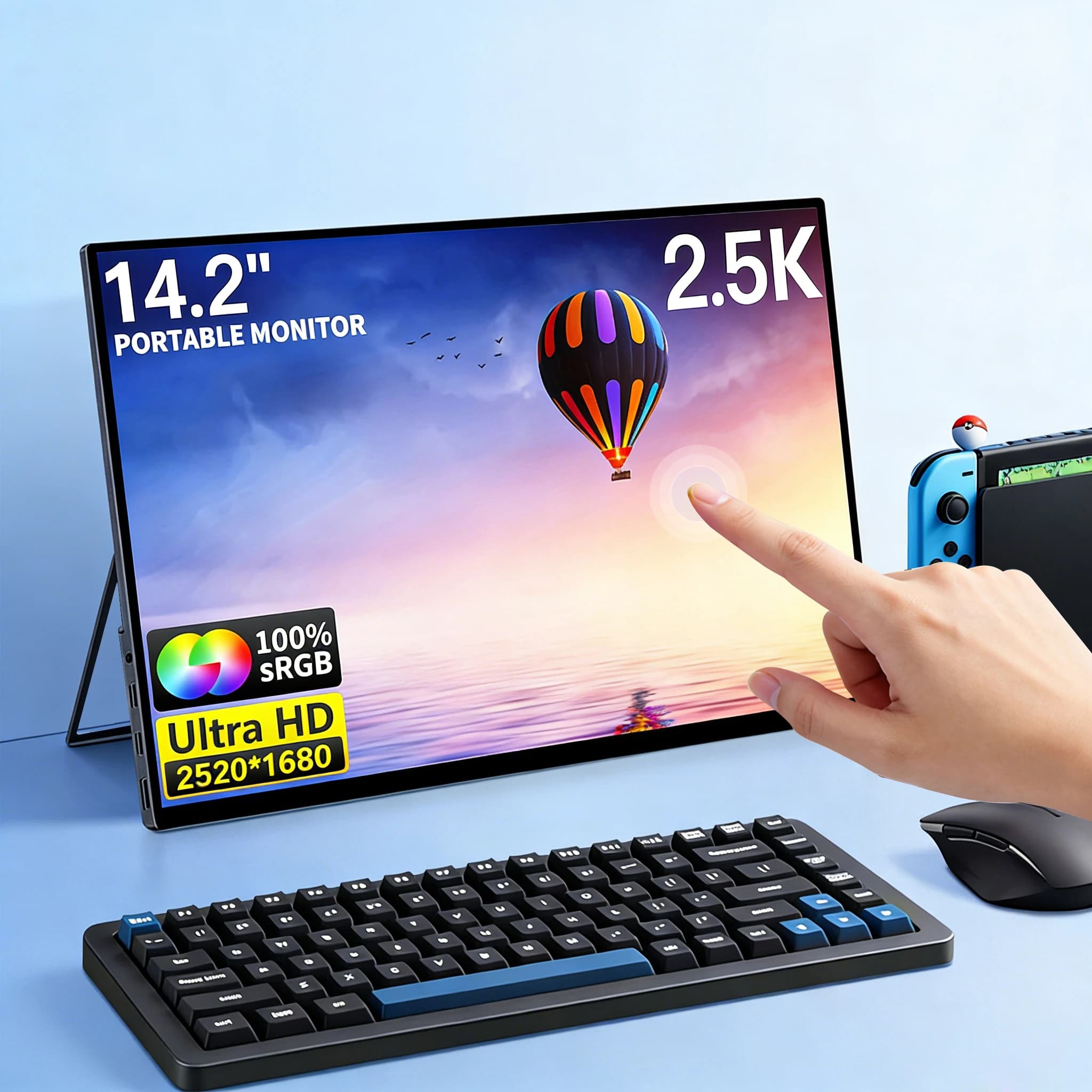 14.2'' Portable Touch Monitor Screen 2.5K 100% sRGB Gaming QHD Monitor USB-C Mini-HDMI External Second Screen for Switch PS4/5