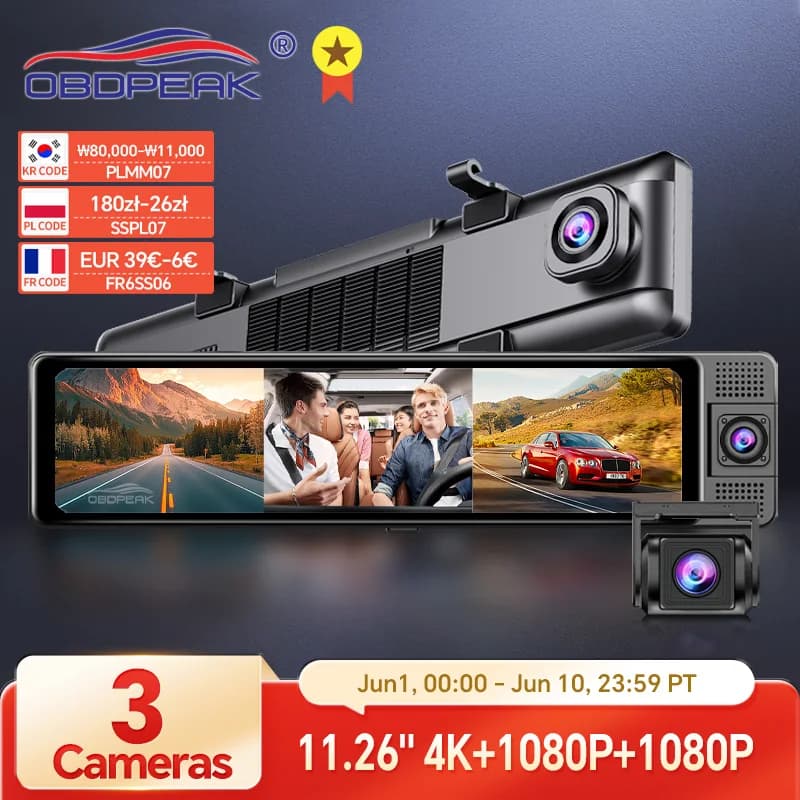 H330 Dash Cam 3 Channel Rearview Mirror Front Inside Rear 4K+1080P+1080P WiFi GPS Dual Lens Car Dvr Camera Infrared Night Vision