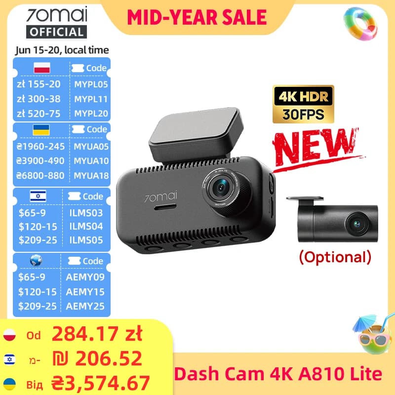 70MAI Dash Cam 4K A810 Lite HDR F1.55 Built-in GPS WiFi 6 Voice