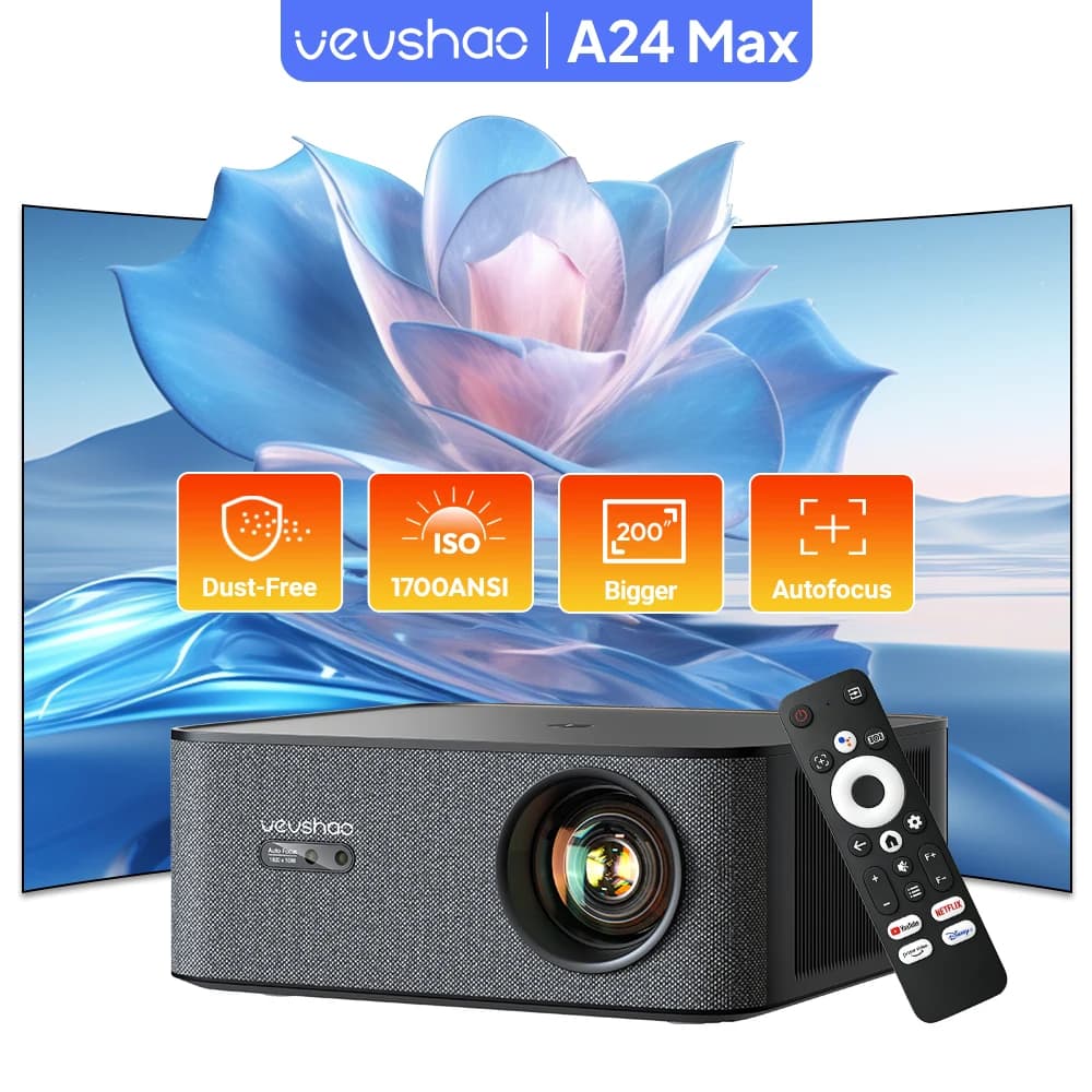 VEVSHAO 1080P Projector 4K A24 Max Official Licensed Google Android TV ATV Movie Gaming Video Wifi Home Theater Projector
